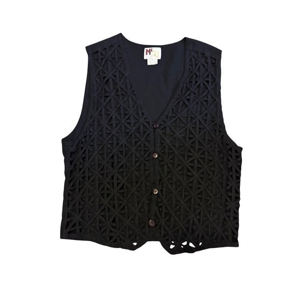 Me 2 U Jackets & Blazers - Vintage Me 2 U Black Rayon Lattice Cutout Button Front Vest Sleeveless Top